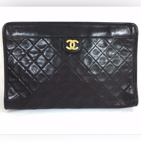 Vintage Rare Chanel Lambskin Leather Quilted Frame Clutch Bag Black France - Picture 3 of 16